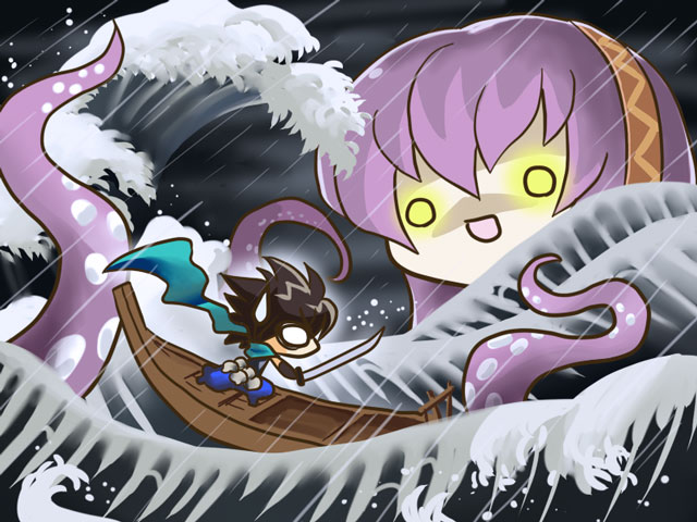 tendoast, kisuke, megurine luka, takoluka, oboro muramasa, vocaloid, 1boy, black hair, boat, chibi, crossover, hairband, katana, o o, ocean, pink hair, rain, scarf, storm, sweatdrop, sword, waves, weapon