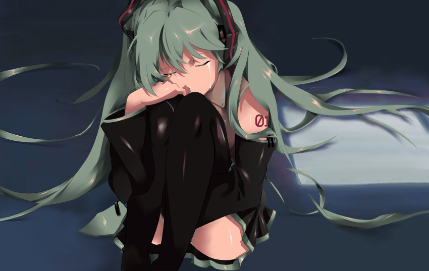 turtle (artist), hatsune miku, vocaloid, 1girl, aqua hair, closed eyes, detached sleeves, female focus, headphones, headset, long hair, miniskirt, sitting, skirt, solo, tears, thighhighs, twintails, very long hair