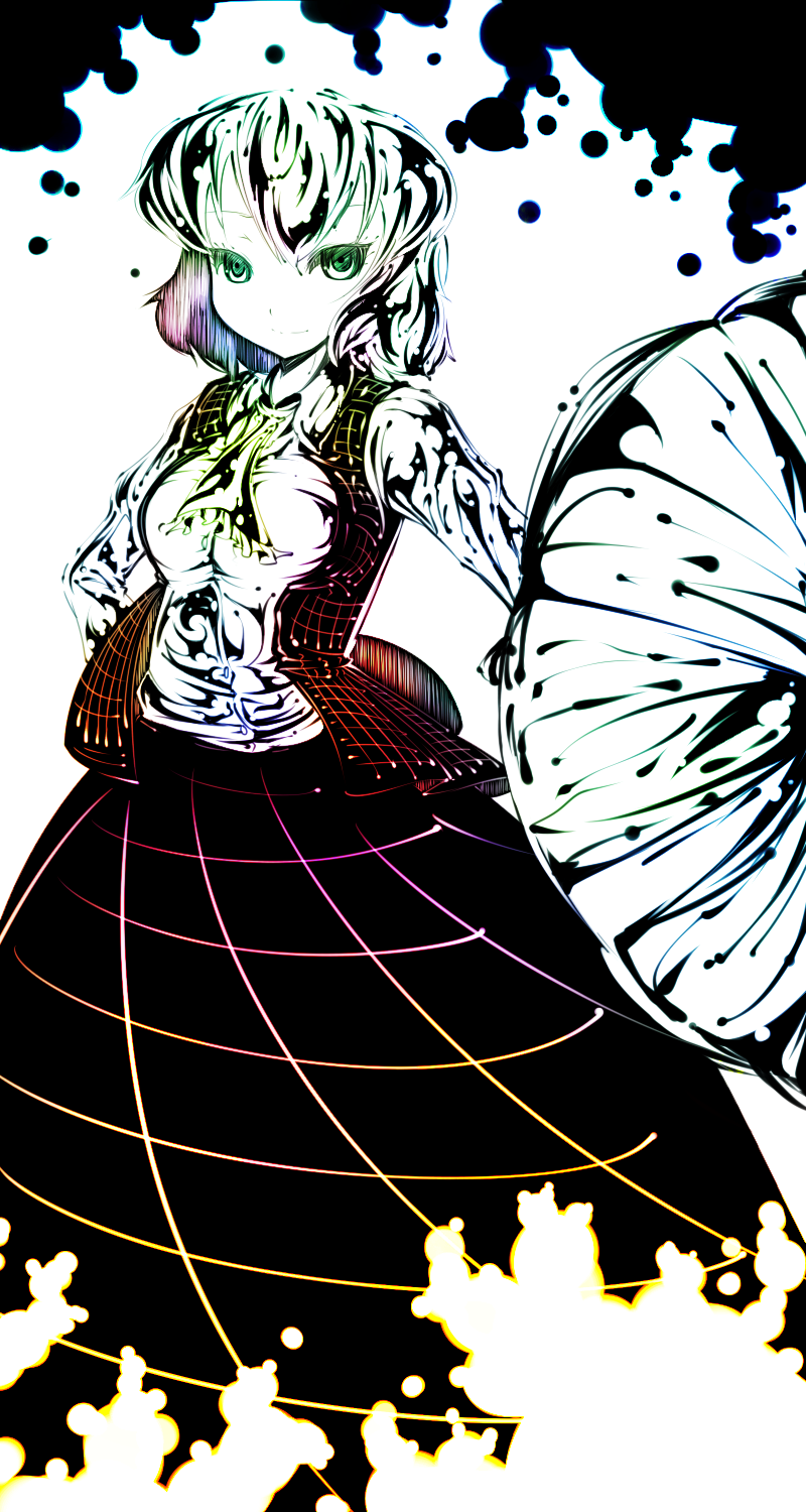 koohee, kazami yuuka, touhou, bad id, bad pixiv id, highres, 1girl, female focus, green eyes, high contrast, plaid clothes, plaid skirt, plaid vest, short hair, skirt, smile, solo, umbrella, vest