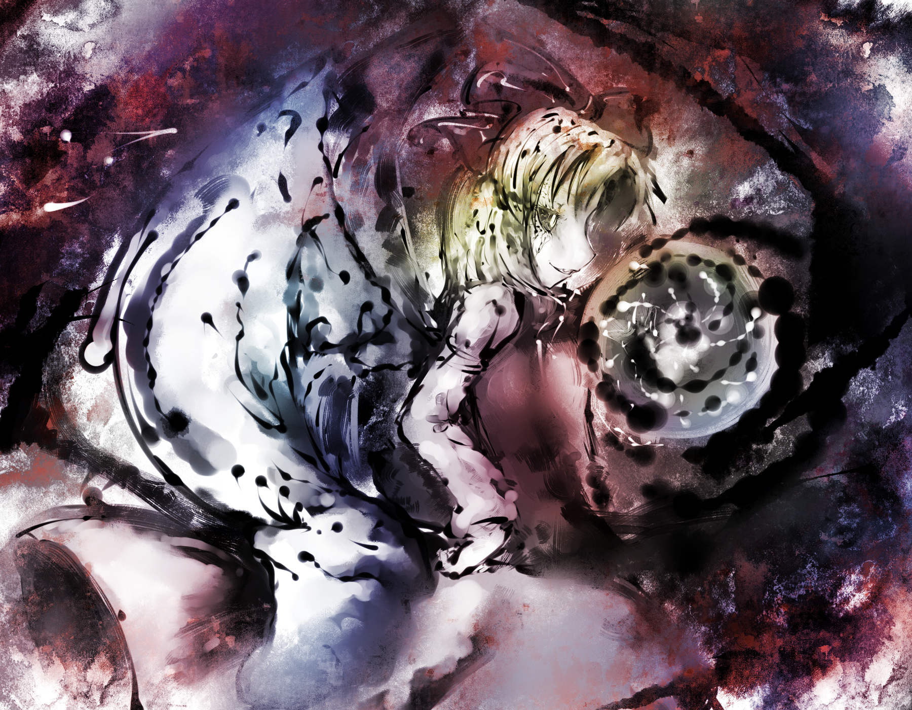 koohee, gengetsu (touhou), lotus land story, touhou, touhou (pc-98), bad id, bad pixiv id, highres, 1girl, blonde hair, bow, demon, female focus, grin, hair bow, hand on own hip, hip focus, profile, smile, solo, yellow eyes