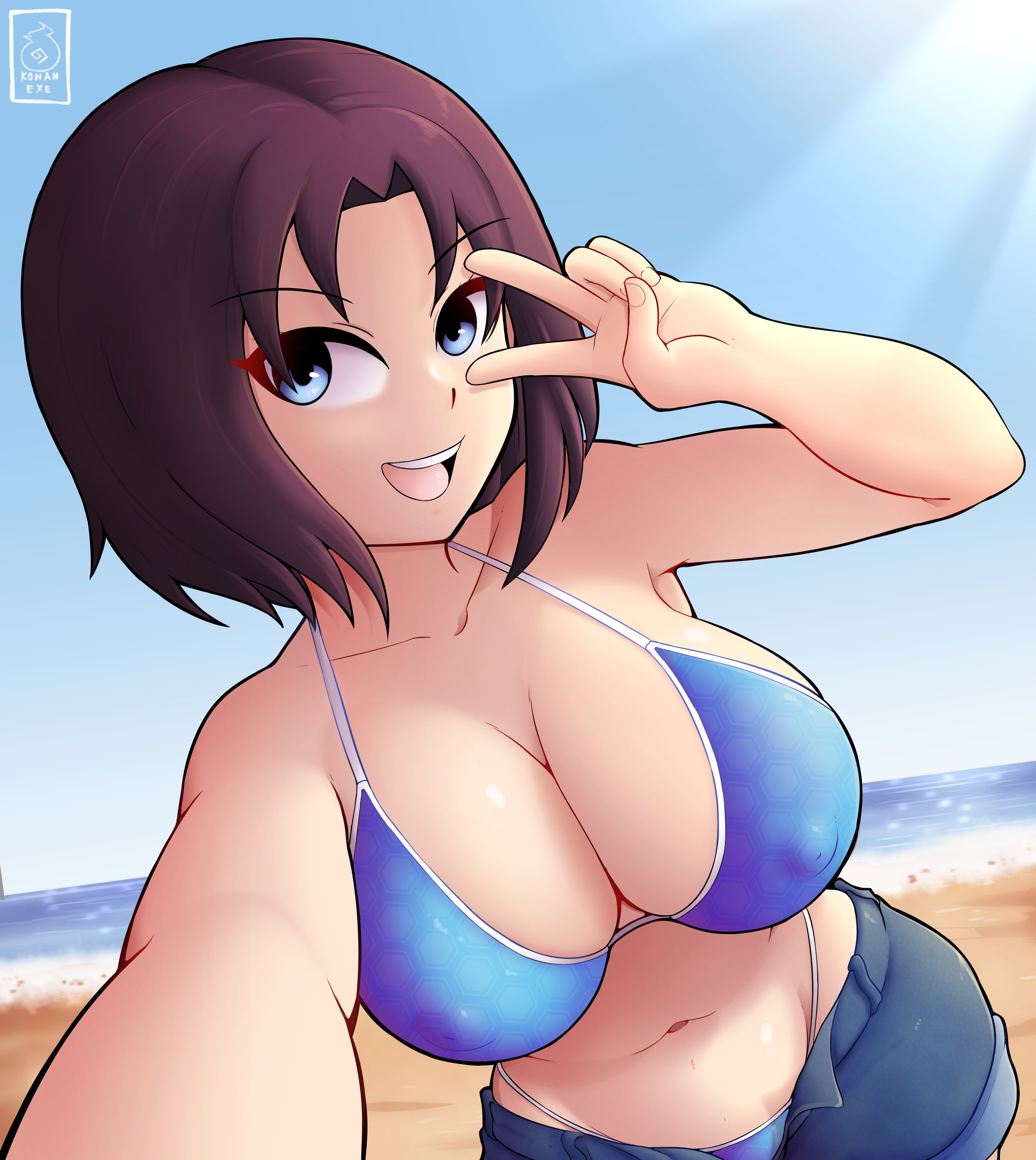 konan exe, elma (maidragon), kobayashi-san chi no maidragon, 1girl, artist logo, artist name, beach, bikini, black hair, blue bikini, blue shorts, blue sky, breasts, collarbone, covered erect nipples, cowboy shot, day, female focus, gradient hair, hand up, large breasts, logo, medium hair, multicolored hair, ocean, open clothes, open mouth, open shorts, outdoors, outstretched arm, purple hair, sand, shorts, sky, smile, solo, swimsuit, teeth, two-tone hair, upper teeth only, v, water