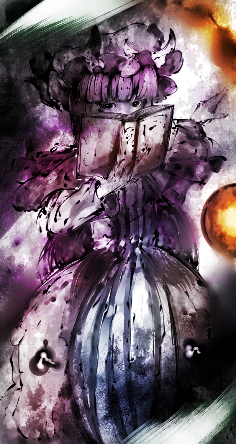koohee, patchouli knowledge, touhou, bad id, bad pixiv id, highres, 1girl, book, female focus, open book, reading, solo