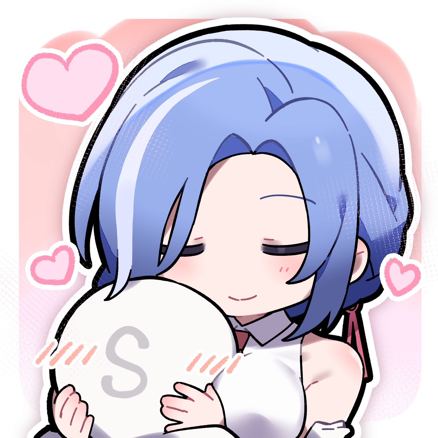 commander (girls' frontline), dp-12 (girls' frontline), helen (girls' frontline 2), girls' frontline, girls' frontline 2: exilium, artist request, highres, official art, second-party source, 1girl, bare shoulders, between breasts, black gloves, blue hair, blush, braid, braided ponytail, breasts, chibi, chibi only, gloves, head between breasts, heart, large breasts, shirt, sleeveless, sleeveless shirt, white shirt