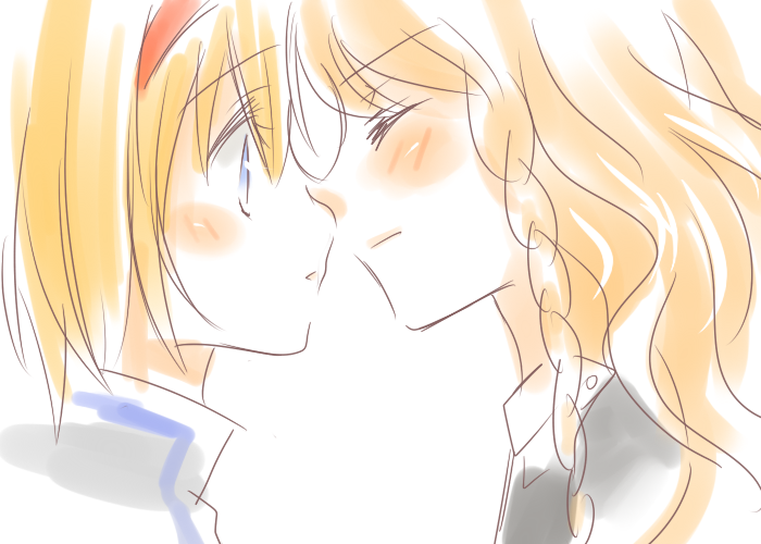 uto uto, alice margatroid, kirisame marisa, touhou, bad id, bad pixiv id, 2girls, blonde hair, blue eyes, braid, closed eyes, female focus, hairband, multiple girls, short hair