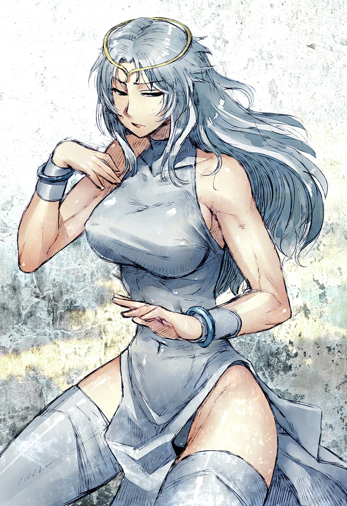 redrop, toki (hokuto no ken), hokuto no ken, gender request, 1girl, bare shoulders, bracelet, china dress, chinese clothes, circlet, dress, female focus, genderswap, grey hair, grey panties, jewelry, panties, solo, thighhighs, underwear