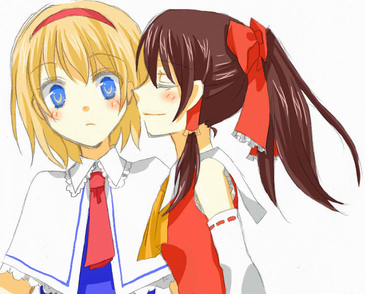 uto uto, alice margatroid, hakurei reimu, touhou, bad id, bad pixiv id, 2girls, blonde hair, blue eyes, bow, brown hair, detached sleeves, female focus, hair bow, hairband, japanese clothes, miko, multiple girls, ponytail, short hair, white background