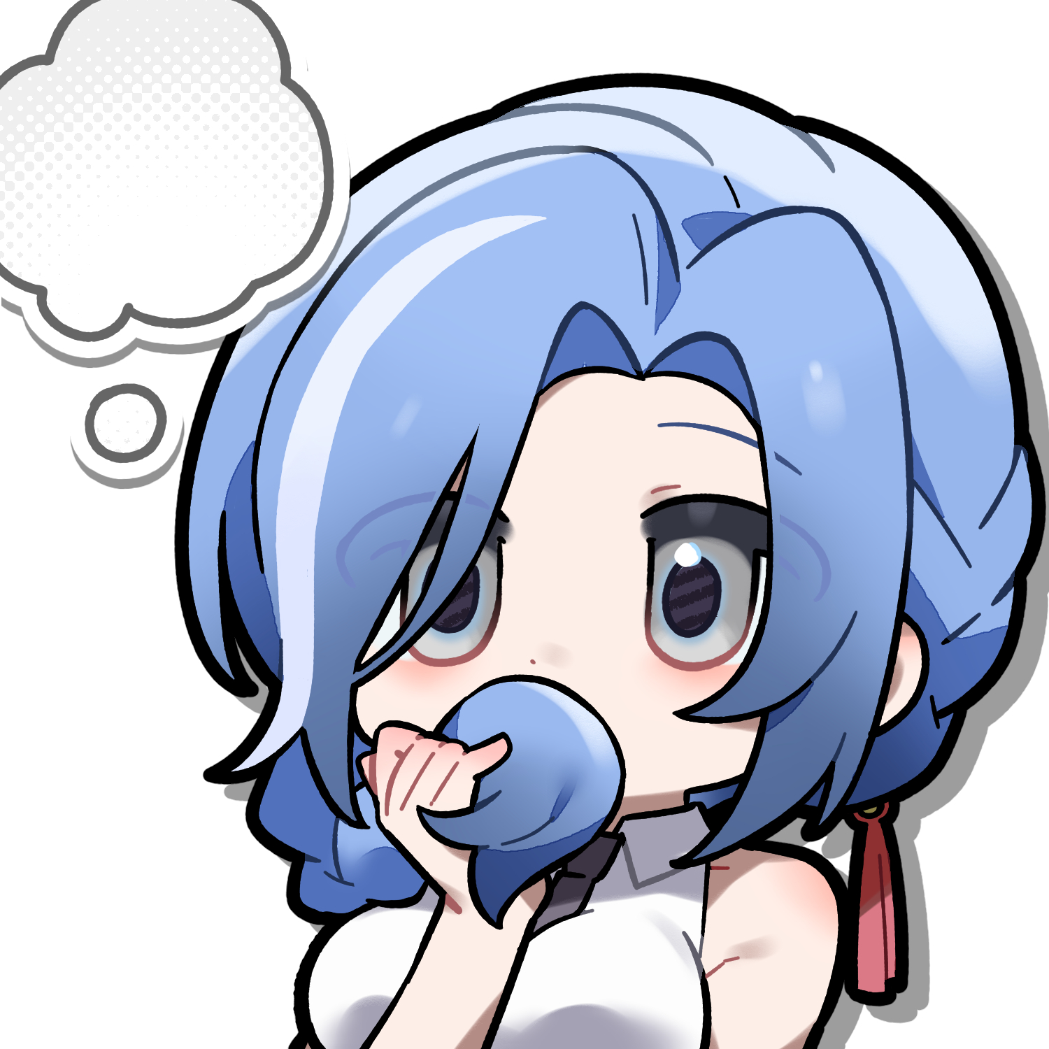 dp-12 (girls' frontline), helen (girls' frontline 2), girls' frontline, girls' frontline 2: exilium, artist request, highres, official art, second-party source, 1girl, bare shoulders, black gloves, black necktie, blue hair, braid, braided ponytail, chibi, chibi only, gloves, grey eyes, hair over mouth, holding, holding own hair, necktie, shirt, sleeveless, sleeveless shirt, solo, speech bubble, thought bubble, white shirt