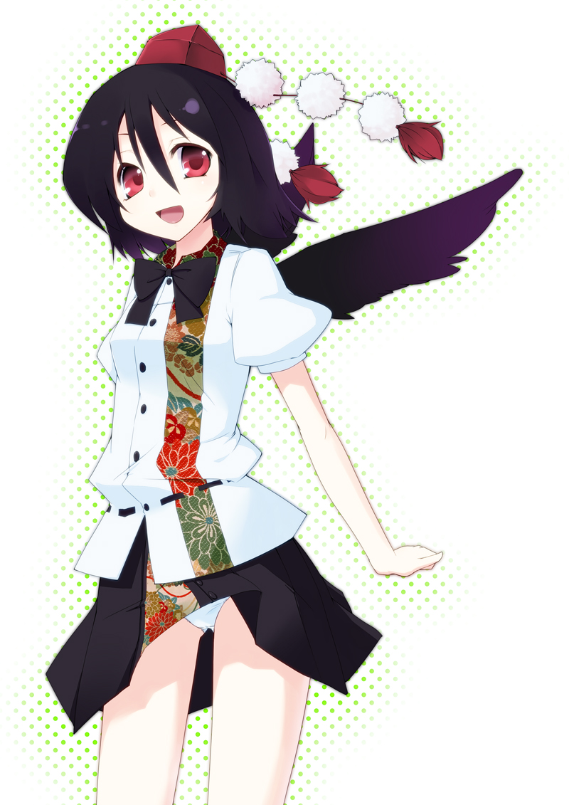 muranisaki, shameimaru aya, touhou, 1girl, black hair, black wings, bow, bowtie, female focus, halftone, halftone background, hat, open mouth, panties, pantyshot, red eyes, shirt, short hair, skirt, smile, solo, standing, tokin hat, underwear, upskirt, wings
