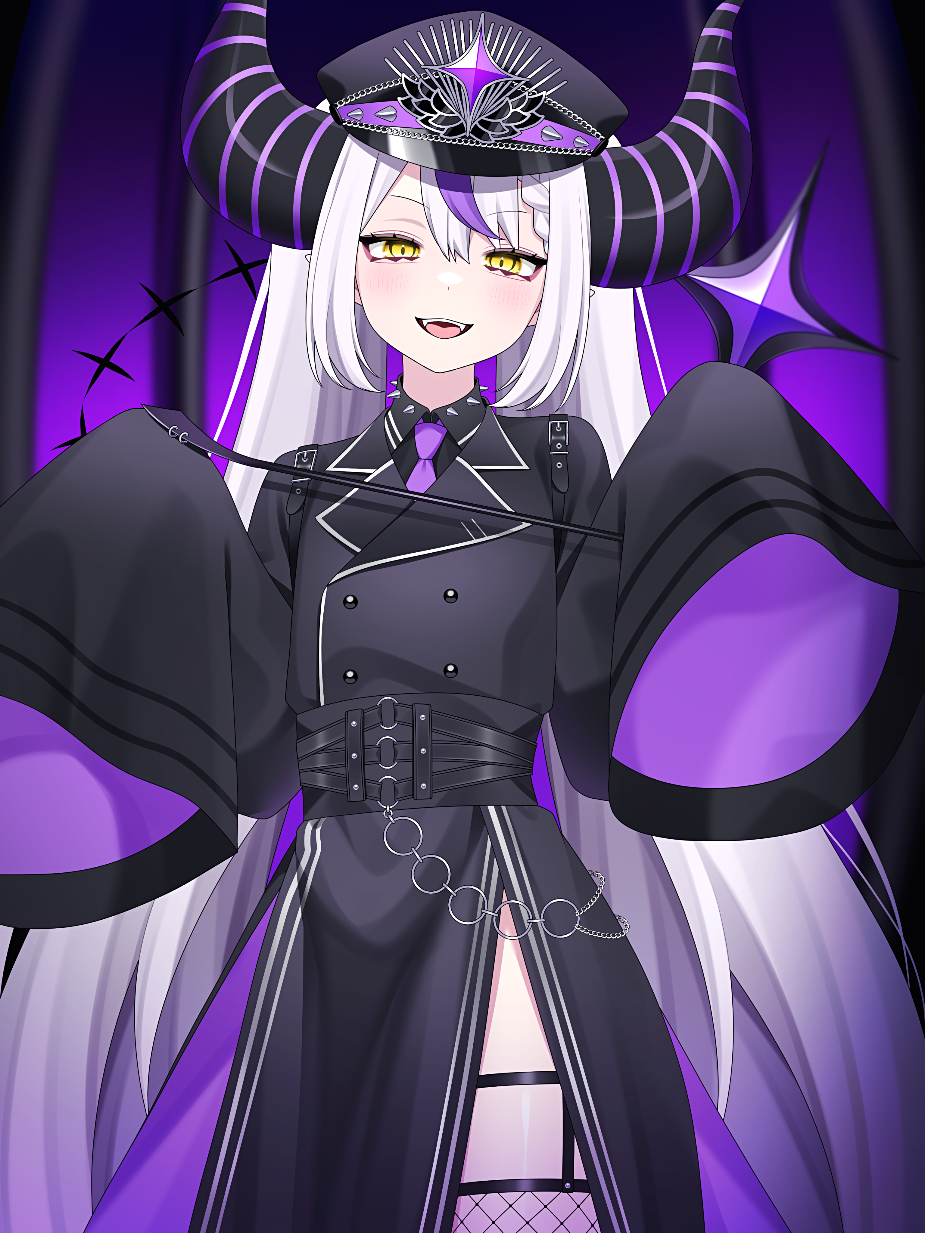 wanko (yurika0320), la+ darknesss, hololive, absurdres, commentary request, highres, 1girl, black dress, black hat, black horns, black shirt, blurry, blurry background, braid, braided bangs, buttons, collar, cowboy shot, double-breasted, dress, fishnet thighhighs, fishnets, hands up, hat, holding baton, horns, light blush, long hair, long sleeves, looking at viewer, multicolored hair, necktie, o-ring, open mouth, peaked cap, pointy ears, police, police hat, police uniform, purple necktie, purple streaks, purple theme, shirt, side slit, sidelocks, sleeves past fingers, sleeves past wrists, smile, solo, spiked collar, spikes, standing, streaked hair, striped horns, teeth, thigh strap, thighhighs, twintails, upper teeth only, very long hair, virtual youtuber, white hair, yellow eyes
