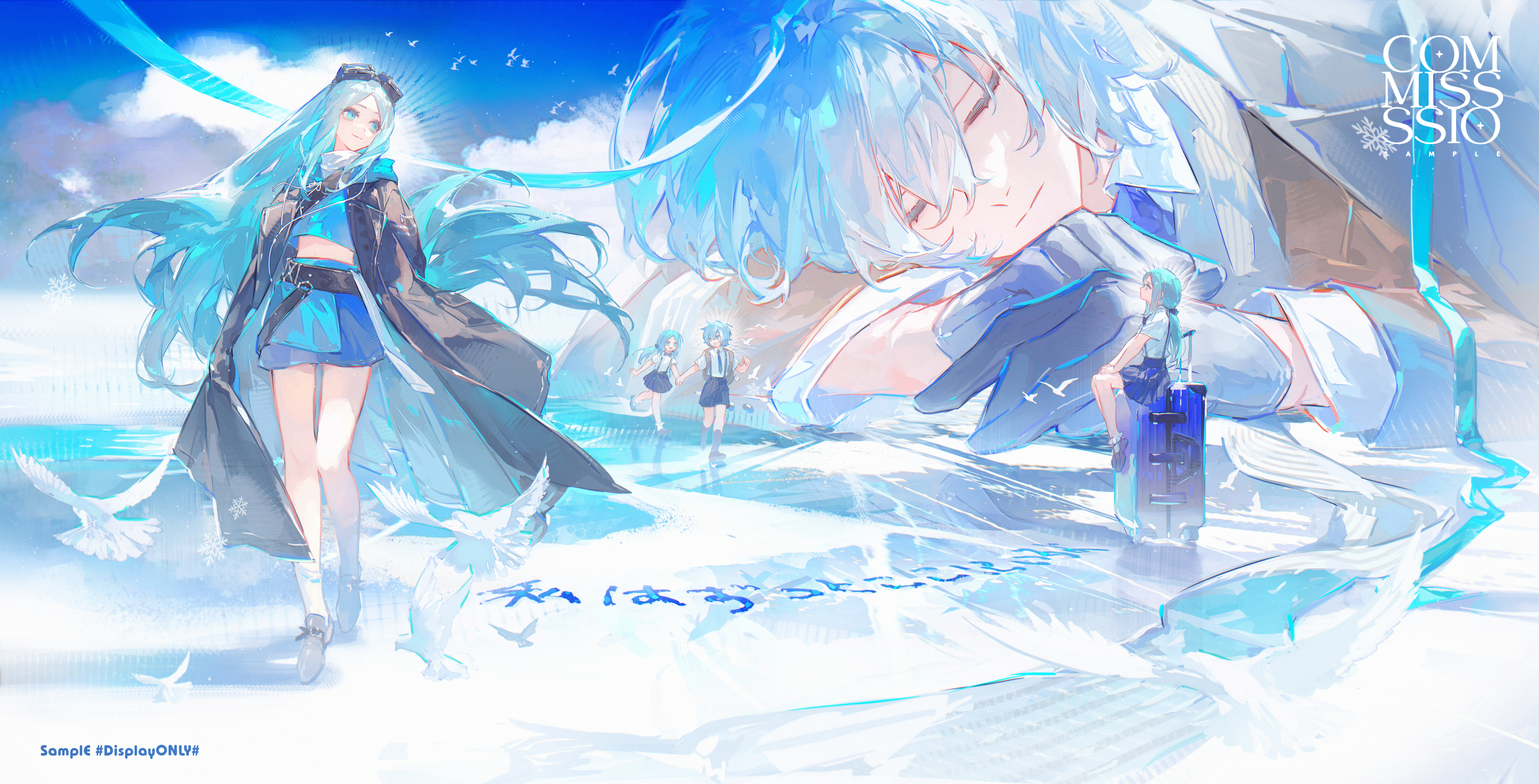 renjian shilian, original, absurdres, commission, highres, 1boy, 1girl, belt, bird, blue gloves, blue hair, blue ribbon, blue shirt, blue skirt, blue sky, brown belt, brown coat, chest harness, closed eyes, closed mouth, cloud, coat, day, eyelashes, eyewear on head, floating hair, full body, gloves, harness, long hair, long sleeves, looking at another, ocean, outdoors, pleated skirt, profile, ribbon, running, sample watermark, shirt, shoes, short hair, siblings, sitting, skirt, sky, smile, socks, suitcase, sunlight, walking, watermark, white bird, white socks, wind