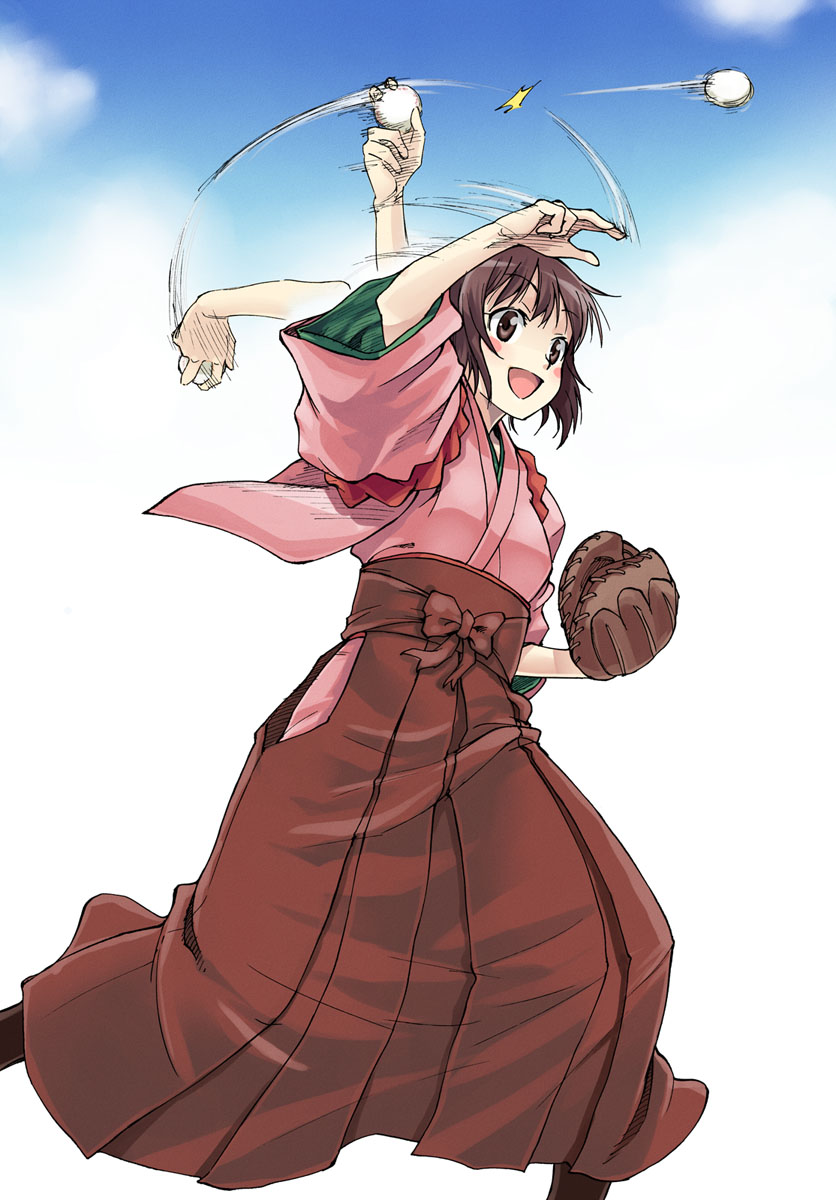satou atsuki, suzukawa koume, taishou yakyuu musume, highres, 00s, 1girl, :d, baseball, baseball glove, blush stickers, brown eyes, brown hair, female focus, hakama, hakama skirt, japanese clothes, kimono, meiji schoolgirl uniform, open mouth, red hakama, short hair, skirt, smile, solo, throwing