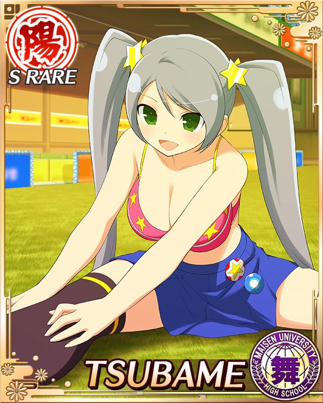 tsubame (senran kagura), senran kagura, senran kagura new wave, game cg, official art, third-party source, 1girl, :d, bikini, bikini top only, black thighhighs, blue skirt, border, breasts, card (medium), character name, cheerleader, cleavage, green eyes, grey hair, hair ornament, hairclip, hands on own thigh, large breasts, long hair, midriff, on grass, open mouth, outdoors, pink bikini, skindentation, skirt, smile, solo, star (symbol), star hair ornament, stretching, sunset, swept bangs, swimsuit, thighhighs, twintails, very long hair