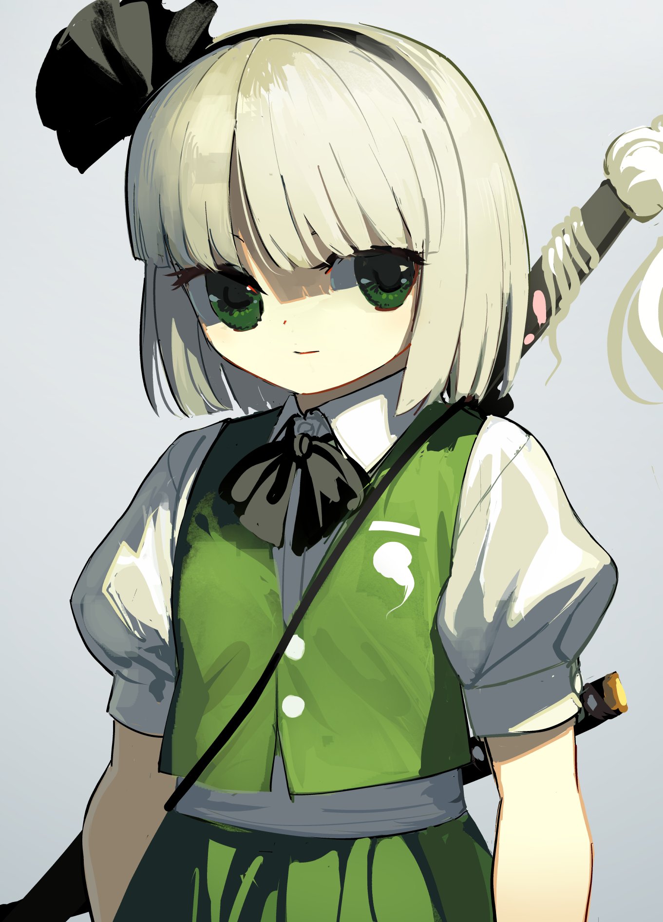 suna (s73d), konpaku youmu, touhou, highres, 1girl, black hairband, black ribbon, collared shirt, green eyes, green skirt, green vest, hair ribbon, hairband, puffy short sleeves, puffy sleeves, ribbon, shirt, short hair, short sleeves, simple background, skirt, solo, sword, vest, weapon, white hair, white shirt