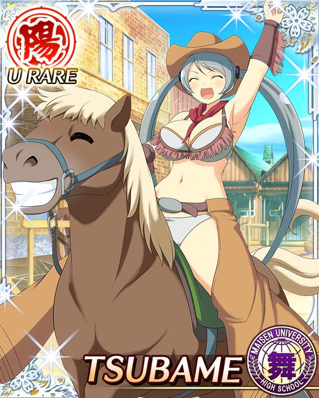 tsubame (senran kagura), senran kagura, senran kagura new wave, game cg, official art, third-party source, 1girl, :d, arm up, armpits, belt, bikini, border, breasts, brown hat, brown horse, card (medium), chaps, character name, cleavage, closed eyes, cowboy hat, cowboy western, cowgirl (western), grey bikini, grey hair, hat, holding, holding reins, horse, horseback riding, large breasts, leaning back, long hair, navel, neckerchief, open mouth, outdoors, red neckerchief, reins, riding, saddle, smile, solo, swept bangs, swimsuit, twintails, very long hair
