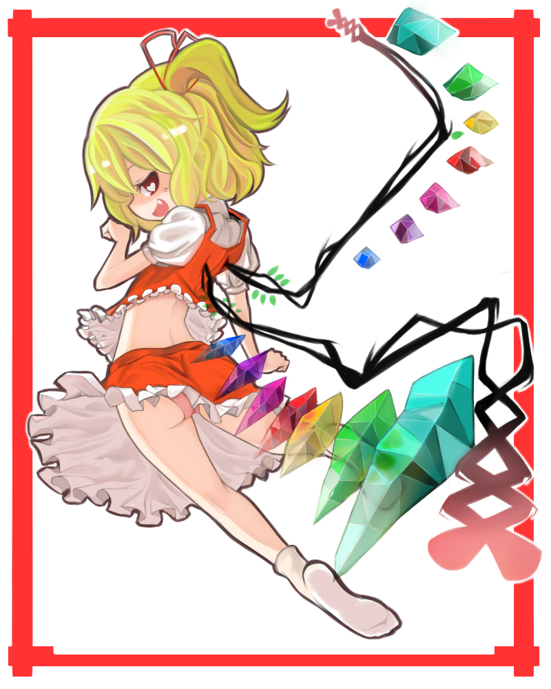 e.x.on, flandre scarlet, touhou, bad id, bad pixiv id, 1girl, blonde hair, blouse, female focus, frilled vest, frills, full body, heart, heart-shaped pupils, panties, ponytail, red eyes, shirt, short hair, side ponytail, socks, solo, symbol-shaped pupils, underwear, vest, white background, white shirt, wings