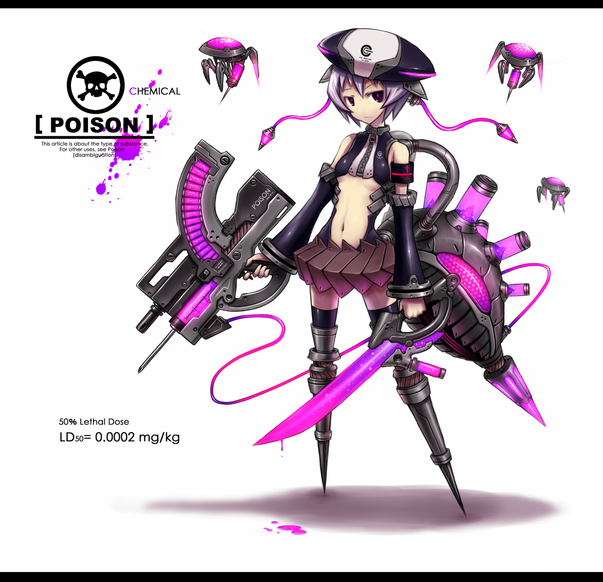 gia, poison (gia), original, 1girl, android, armband, armor, artistic error, asymmetrical dual wielding, bare shoulders, black thighhighs, breasts, cyborg, detached sleeves, dripping, dual wielding, female focus, glowing, gun, hat, holding, letterboxed, mecha musume, monster girl, navel, needle, neon trim, personification, pink eyes, poison, purple hair, robot, short hair, small breasts, smile, solo, sword, syringe, thighhighs, underboob, weapon, zettai ryouiki, zipper