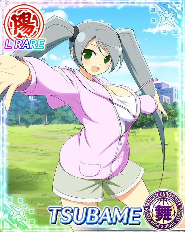 tsubame (senran kagura), senran kagura, senran kagura new wave, game cg, official art, third-party source, 1girl, :d, blue sky, border, breasts, card (medium), casual, character name, cleavage, day, green eyes, green shorts, grey hair, hood, hoodie, large breasts, long hair, looking at viewer, open mouth, outstretched arms, park, pink hoodie, shirt, shorts, sky, smile, solo, spread arms, swept bangs, twintails, very long hair, white shirt
