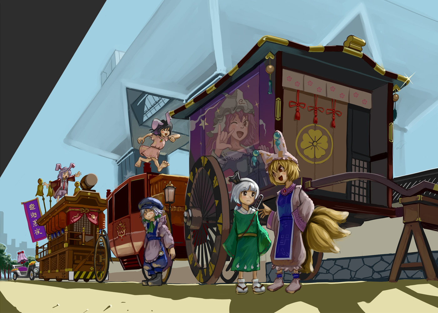 maku (artist), maku (wasabishock), inaba tewi, izayoi sakuya, konpaku youmu, reisen udongein inaba, saigyouji yuyuko, yakumo ran, tokyo big sight, touhou, ^o^, white legwear, 5girls, ^ ^, alternate costume, alternate headwear, animal ears, animal hat, apron, barefoot, boots, brooch, car, carriage, carrot necklace, cart, clock, closed eyes, dress, drum, female focus, floating, fox tail, full body, gem, geta, ghost, hat, height difference, hitodama, holding, holding behind back, instrument, jewelry, katana, long sleeves, m/, mob cap, motor vehicle, multiple girls, multiple tails, necklace, ofuda, one eye closed, outdoors, outstretched arms, parasol, parody, pocket watch, puffy short sleeves, puffy sleeves, rabbit ears, running, sandals, scabbard, seikan hikou, sheath, sheathed, shoes, short hair, short sleeves, socks, sparkle, standing, style parody, sword, tabard, tabi, tail, tassel, toes, triangular headpiece, umbrella, waist apron, watch, weapon, white dress, wide sleeves