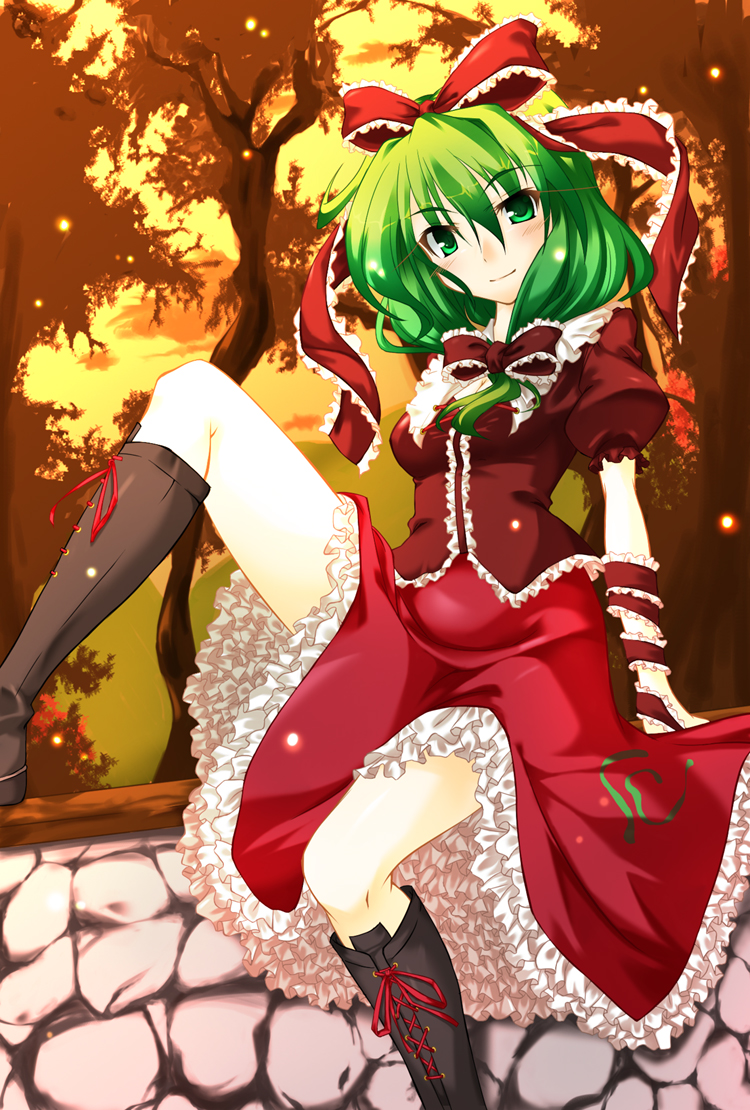 fuyuno taka, kagiyama hina, touhou, bad id, bad pixiv id, 1girl, boots, female focus, front ponytail, green eyes, green hair, hair ribbon, long hair, matching hair/eyes, ribbon, solo