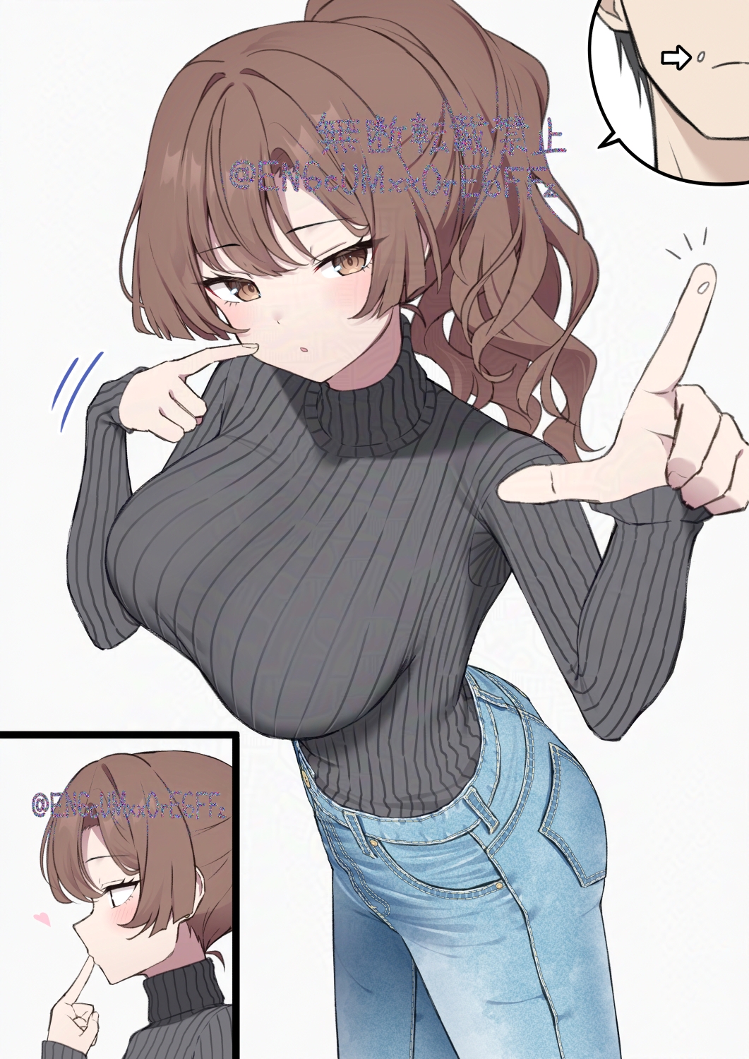 yamano rokamizu, original, adversarial noise, highres, 1boy, 1girl, black hair, black sweater, blue pants, blush, breasts, brown eyes, brown hair, casual, closed mouth, copyright notice, cowboy shot, denim, finger in own mouth, fingernails, food, food on face, hair intakes, half-closed eyes, hands up, heart, index finger raised, jeans, large breasts, long hair, long sleeves, looking at viewer, notice lines, pants, parted lips, pocket, pointing, pointing at self, ponytail, ribbed sweater, rice, rice on face, short hair, simple background, sleeves past wrists, speech bubble, spoken character, sweater, turtleneck, turtleneck sweater, twitter username, wavy hair, white background
