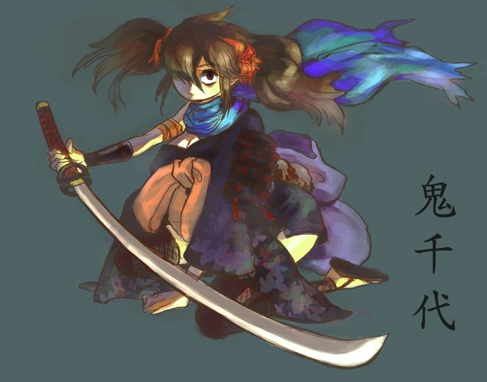 deba, kisuke, oboro muramasa, vanillaware, bad id, bad pixiv id, 1girl, armor, bandages, black hair, breasts, female focus, fishnet thighhighs, fishnets, genderswap, genderswap (mtf), japanese clothes, katana, kimono, medium breasts, ninja, obi, sandals, sash, scarf, short kimono, skull, solo, sword, thighhighs, twintails, weapon, zettai ryouiki