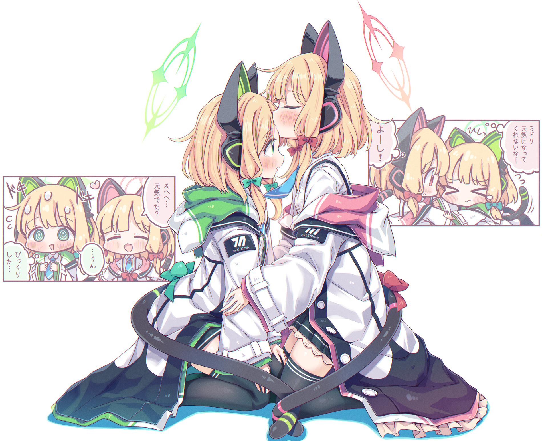 takahero, midori (blue archive), momoi (blue archive), blue archive, commentary request, highres, translation request, > <, 2girls, @ @, animal ear headphones, animal ears, black jacket, black shorts, black skirt, black tail, black thighhighs, blonde hair, blue necktie, blush, bow, breasts, buttons, cat ear headphones, cat ears, cat tail, chibi, chromatic aberration, closed eyes, collared shirt, colored shadow, fake animal ears, fake tail, frilled jacket, frilled skirt, frills, from side, full body, green bow, green eyes, green halo, green jacket, hair bow, halo, hands on own knees, headphones, heart, hood, hood down, hooded jacket, intertwined tails, jacket, kneeling, long sleeves, looking at another, low-tied sidelocks, medium hair, millennium science school logo, multicolored jacket, multiple girls, necktie, off shoulder, parted bangs, parted lips, pink halo, pink jacket, pleated skirt, profile, red bow, shadow, shirt, short shorts, shorts, siblings, sidelocks, simple background, sisters, skirt, small breasts, speech bubble, suspender skirt, suspenders, tail, tail bow, tail ornament, tears, thighhighs, twins, unbuttoned, white background, white jacket, white shirt, wide sleeves