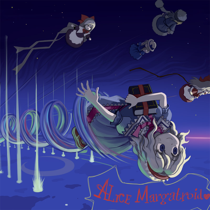 maku (artist), maku (wasabishock), alice margatroid, hourai doll, shanghai doll, touhou, 1girl, book, doll, female focus, flying, night, solo, upside-down