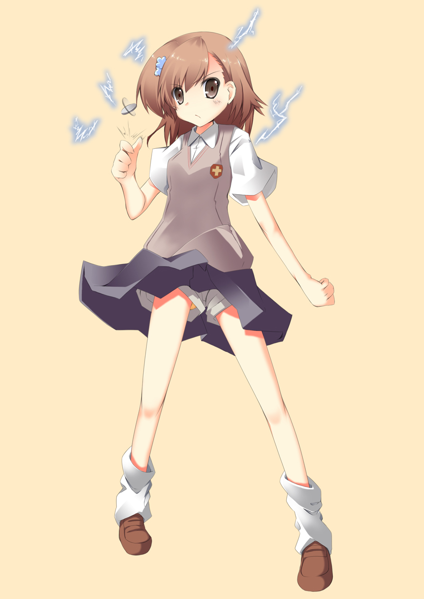 plus9, misaka mikoto, toaru majutsu no index, bad id, bad pixiv id, highres, 00s, brown hair, coin, electricity, electrokinesis, hair ornament, hairclip, school uniform, short hair, shorts, solo