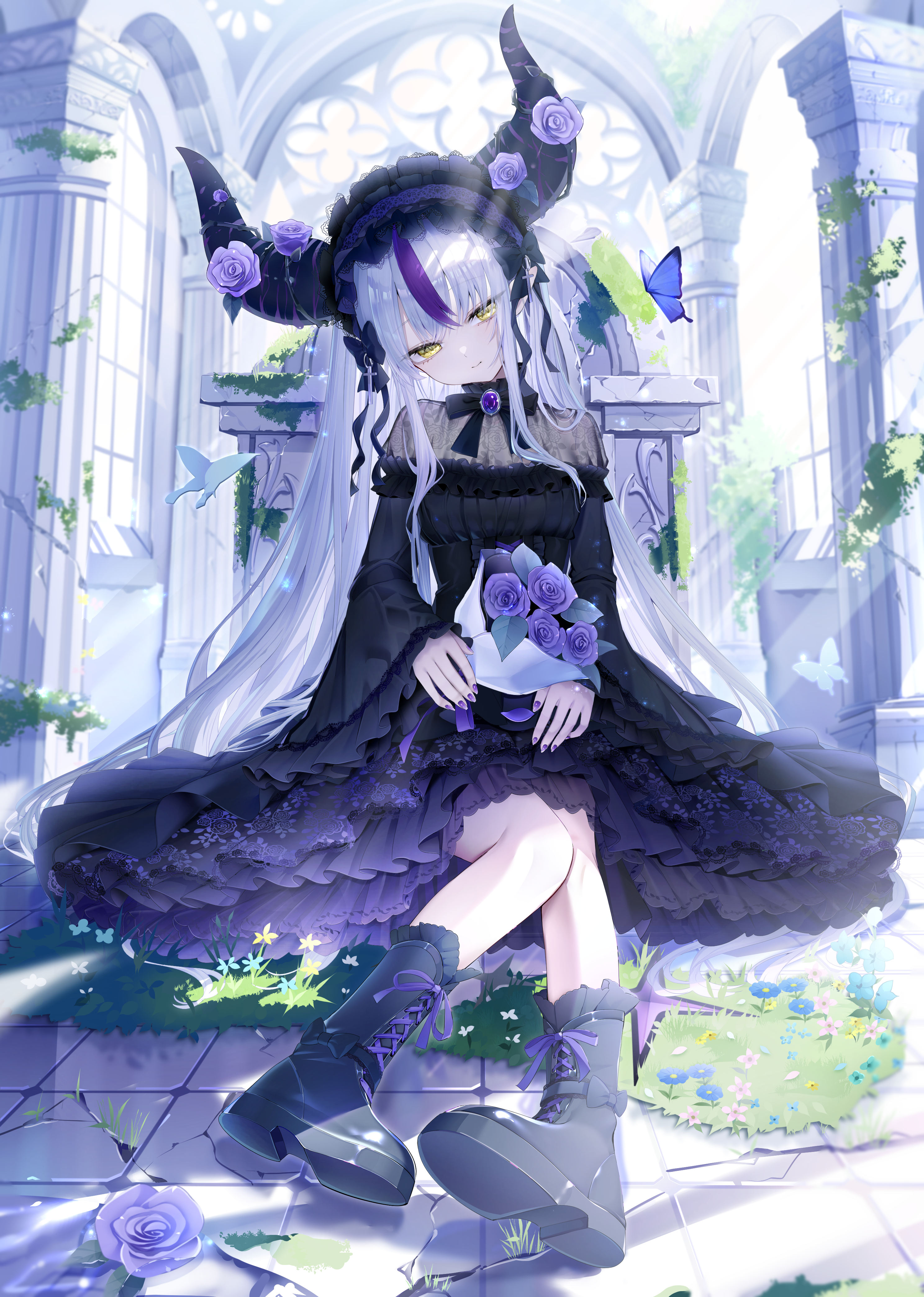 piyokuma, la+ darknesss, hololive, absurdres, commentary, highres, 1girl, arched window, black boots, black bow, black bowtie, black dress, black headdress, black horns, blue flower, boots, bouquet, bow, bowtie, brick floor, brooch, bug, butterfly, closed mouth, crack, cracked floor, dress, fingernails, floral print, flower, frilled dress, frilled skirt, frilled sleeves, frills, full body, grass, head tilt, holding, holding bouquet, horns, insect, jewelry, knees together feet apart, lace-up boots, layered skirt, long hair, looking at viewer, multicolored hair, nail polish, pillar, purple flower, purple nails, purple rose, purple streaks, rose, sitting, skirt, smile, solo, streaked hair, sunlight, tombstone, very long hair, virtual youtuber, white hair, wide sleeves, window, yellow eyes