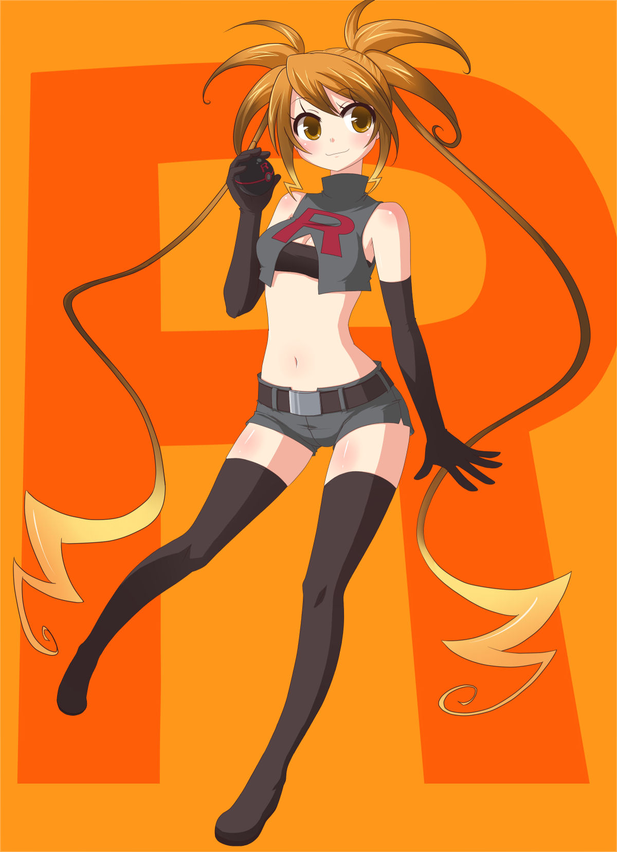 miruki, raichu, nintendo, pokemon, bad id, bad pixiv id, highres, md5 mismatch, 1girl, belt, blush, cleavage cutout, clothes writing, clothing cutout, cosplay, elbow gloves, female focus, gen 1 pokemon, gloves, matching hair/eyes, midriff, navel, orange eyes, orange hair, personification, shorts, smile, solo, team rocket, thighhighs, twintails