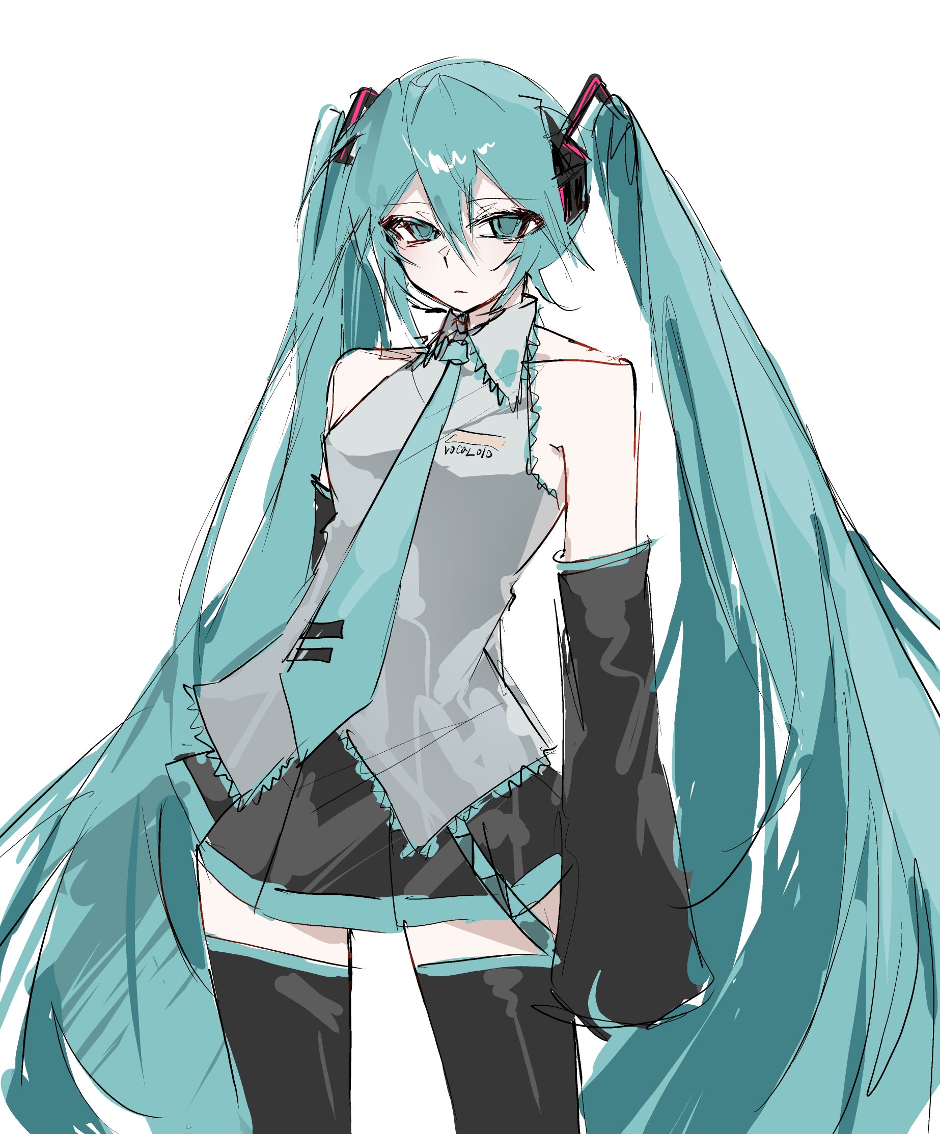 ummwa, hatsune miku, vocaloid, highres, 1girl, aqua eyes, aqua hair, aqua necktie, black skirt, black thighhighs, collared shirt, detached sleeves, expressionless, frilled shirt, frilled shirt collar, frills, frown, grey shirt, hair between eyes, hair ornament, long hair, necktie, pleated skirt, shirt, simple background, skirt, solo, thighhighs, twintails, vending machine, very long hair, white background, zettai ryouiki