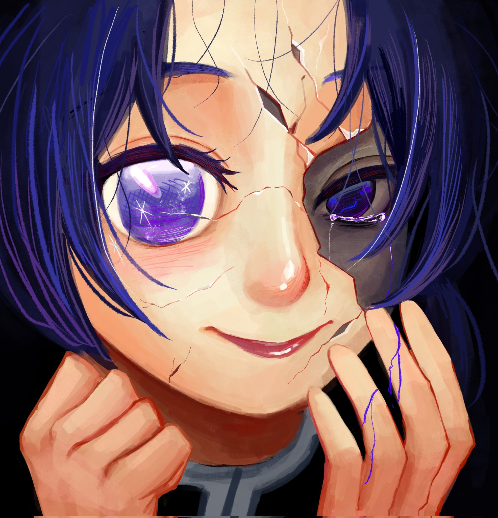 kochou shinobu, kimetsu no yaiba, highres, 1girl, black background, cracked kawaii mask, hair ornament, hands up, parted bangs, purple eyes, purple hair, shiny skin, smile, solo, tears, wouwou2222