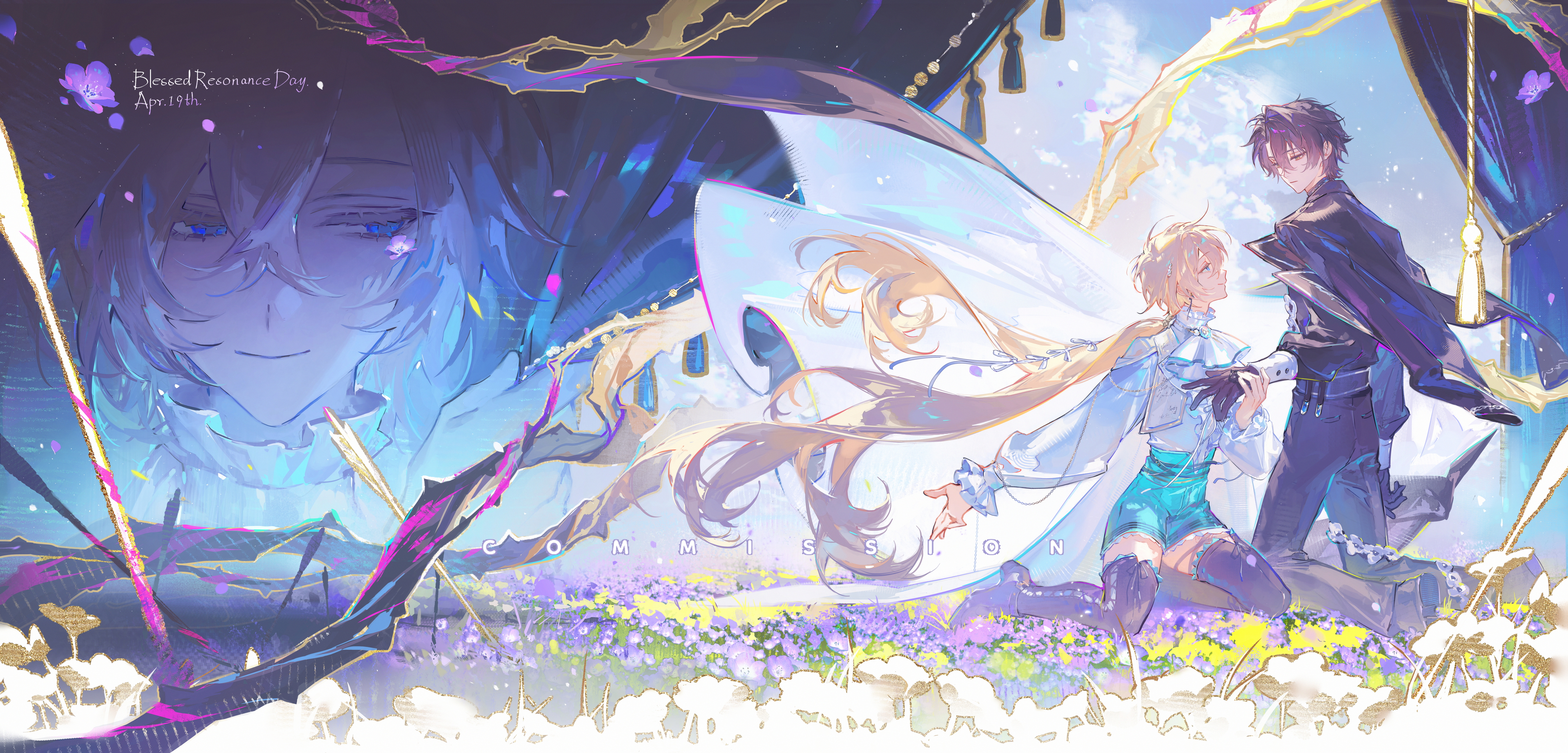 renjian shilian, original, absurdres, commission, highres, 2boys, belt, black hair, black pants, blonde hair, blue eyes, blue shorts, blue sky, borrowed character, brown gloves, cape, closed mouth, cloud, curtains, dated, day, field, floating hair, flower, flower field, frills, full body, gloves, hei (ying qian), holding another's wrist, kneeling, long hair, long sleeves, looking at another, looking to the side, male focus, multiple boys, outdoors, pants, pink flower, purple flower, shirt, short hair, shorts, sky, smile, sunlight, tassel, thighhighs, very long hair, watermark, white flower, white shirt, wind, wings, yellow flower, yin (ying qian)
