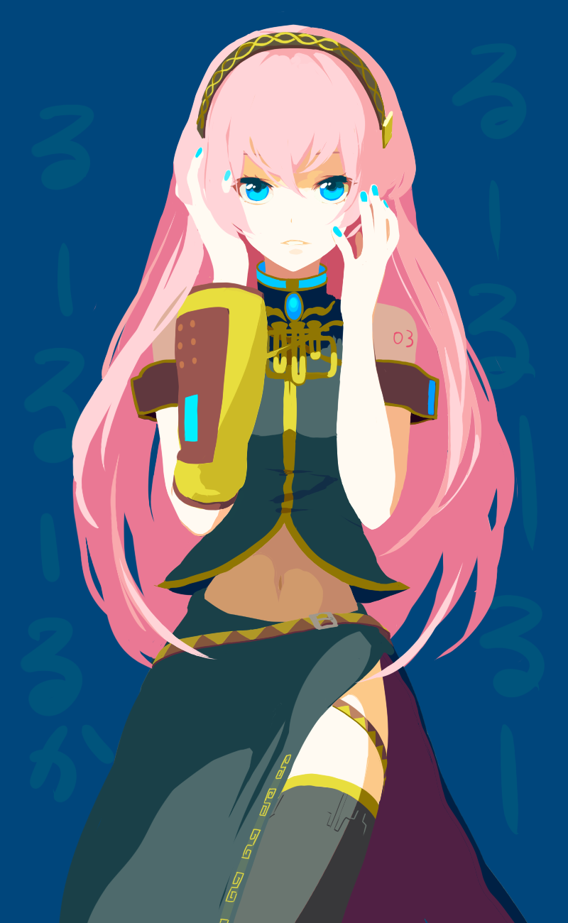 ucchii, megurine luka, vocaloid, bad id, bad pixiv id, highres, blue eyes, headphones, headset, long hair, midriff, navel, pink hair, skirt, solo, thighhighs, very long hair