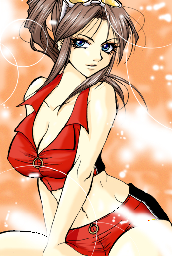 moe (pixiv1010262), claire redfield, resident evil, resident evil 2, alternate costume, alternate hairstyle, blue eyes, breasts, brown hair, cleavage, glasses, large breasts, long hair, ponytail, short shorts, shorts, solo, sunglasses