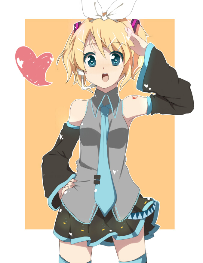 yuzuha (artist), hatsune miku, kagamine rin, vocaloid, bad id, bad pixiv id, 1girl, aqua eyes, blonde hair, bow, brother and sister, cosplay, female focus, hair bow, hairband, hand on own hip, hatsune miku (cosplay), heart, necktie, open mouth, salute, siblings, skirt, solo, thighhighs, twintails, zettai ryouiki