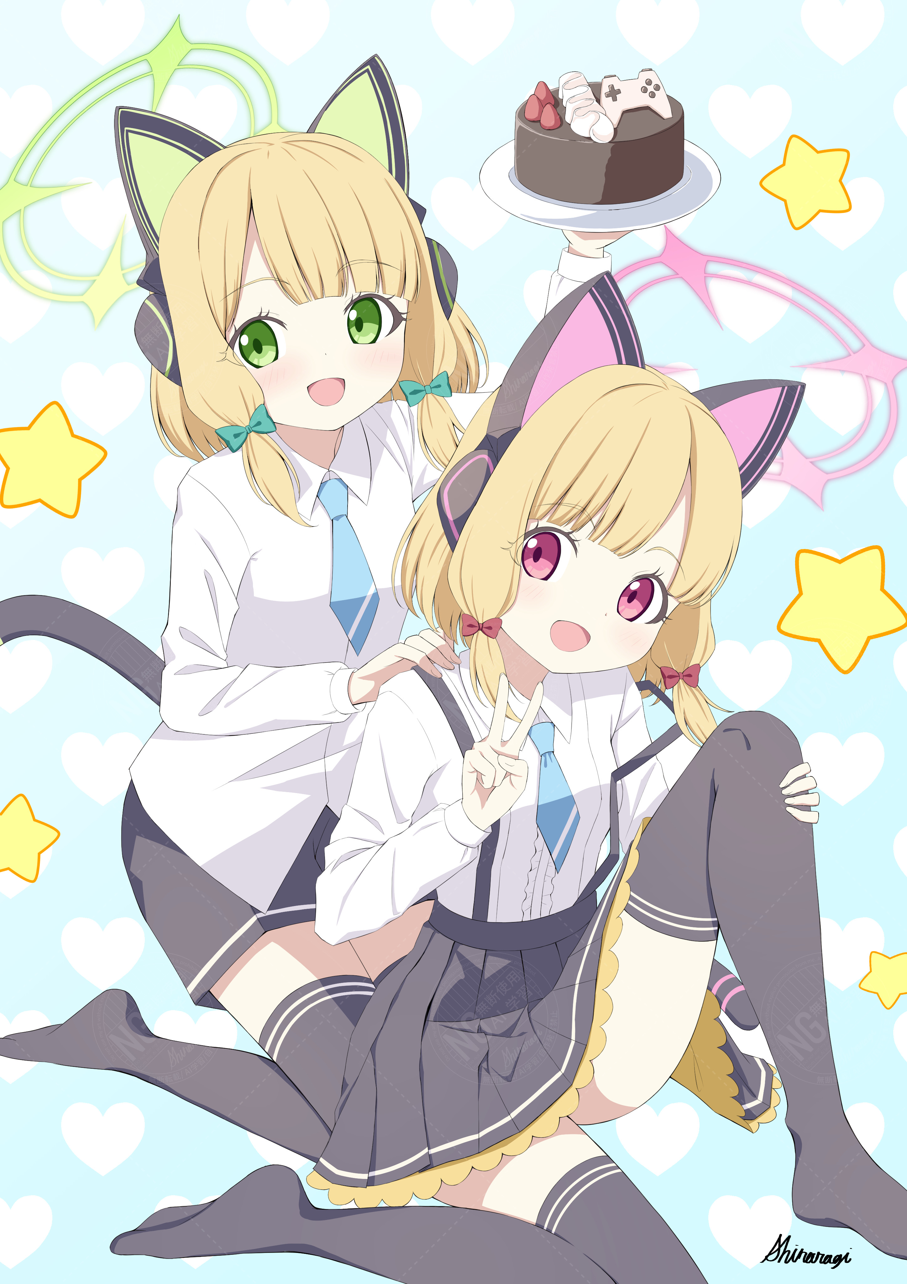 shiraragi, midori (blue archive), momoi (blue archive), blue archive, absurdres, commentary request, highres, 2girls, :d, animal ear headphones, animal ears, aqua background, black shorts, black skirt, black tail, black thighhighs, blonde hair, blue necktie, blunt bangs, blush, bow, breasts, cake, cat ear headphones, cat ears, cat tail, center frills, chocolate cake, collared shirt, fake animal ears, fake tail, food, frilled skirt, frills, green bow, green eyes, green halo, hair bow, halo, hand on another's shoulder, hand on own leg, hand up, headphones, heart, heart background, holding, holding plate, knee up, long sleeves, looking at viewer, low-tied sidelocks, medium hair, multiple girls, necktie, no jacket, no shoes, open mouth, parted bangs, patterned background, pink eyes, pink halo, plate, pleated skirt, red bow, shirt, short necktie, shorts, siblings, sidelocks, signature, sisters, sitting, skirt, small breasts, smile, star (symbol), strap slip, suspender skirt, suspenders, tail, thighhighs, twins, untucked shirt, v, watermark, watermark grid, white shirt