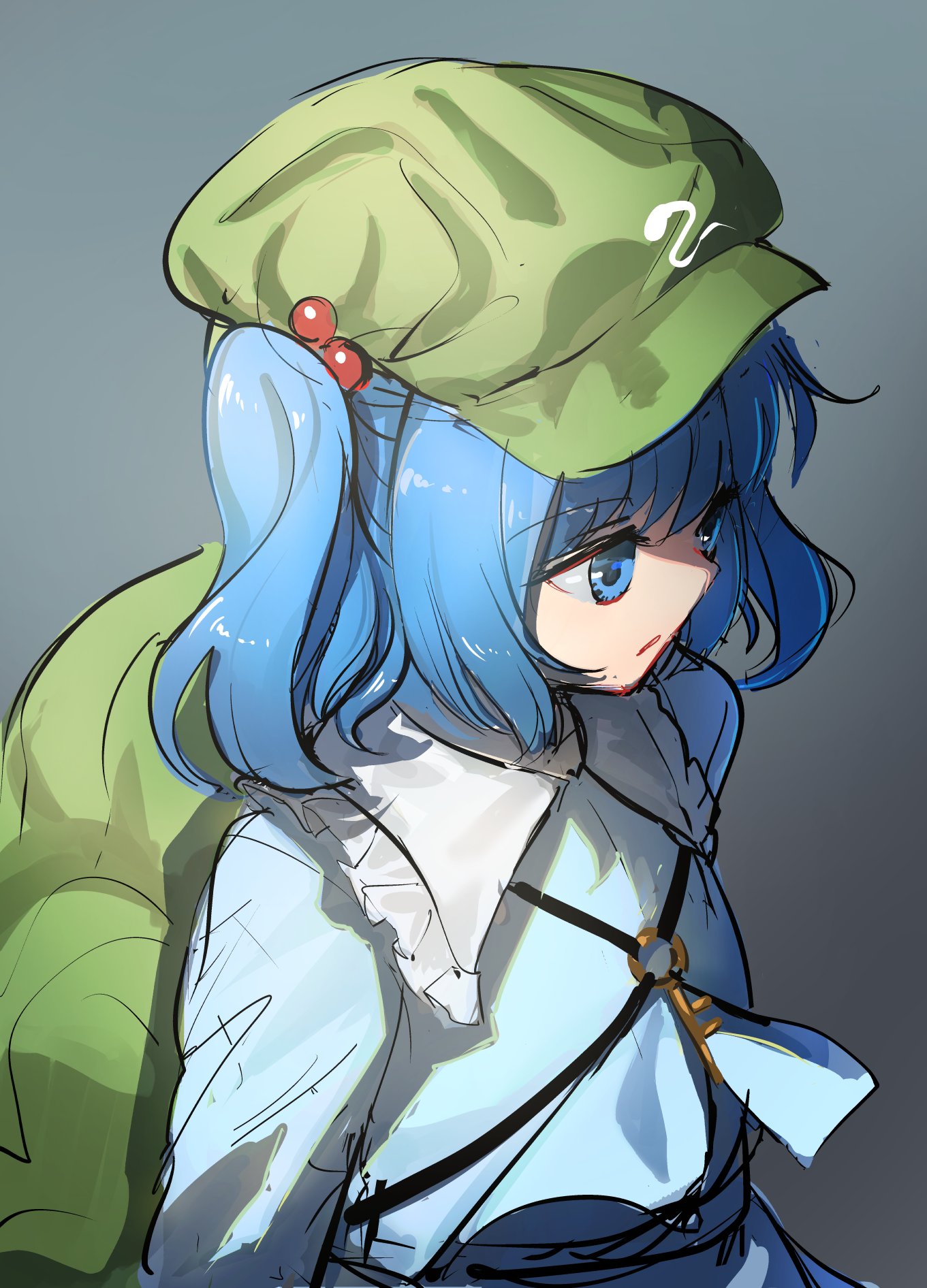 suna (s73d), kawashiro nitori, touhou, highres, 1girl, backpack, bag, blue eyes, blue hair, blue shirt, collared shirt, green hat, hair bobbles, hair ornament, hat, key, shirt, short hair, solo