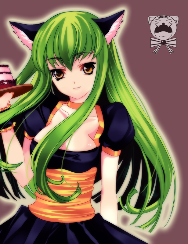 meimi k, c.c., code geass, 00s, 1girl, animal ears, cake, cat ears, cat girl, female focus, food, gradient background, green hair, long hair, pastry, solo, tray, waitress, wrist cuffs, yellow eyes
