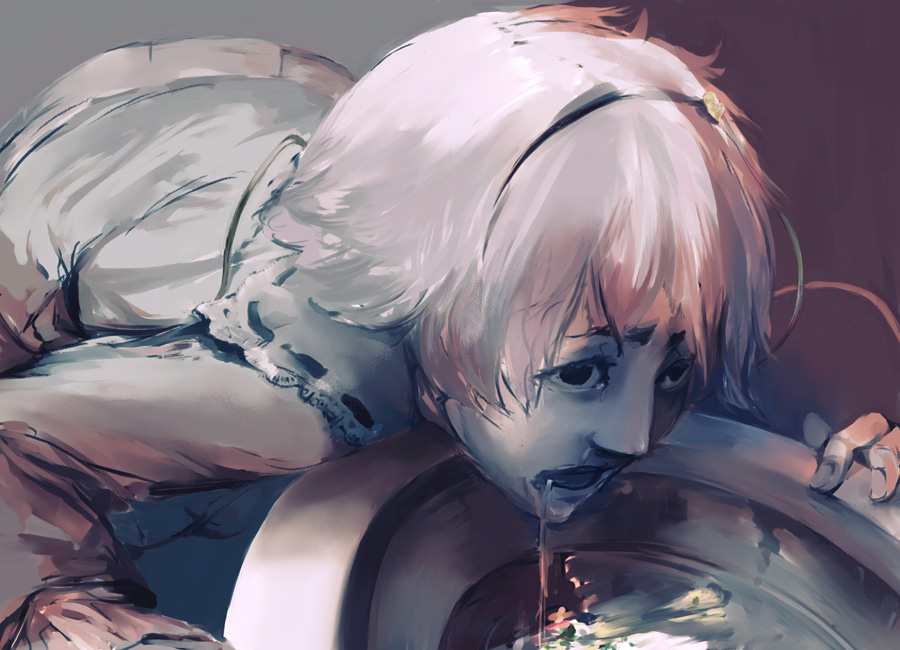 hiroyo, komeiji satori, touhou, 1girl, bent over, female focus, kneeling, pink hair, solo, toilet, vomit