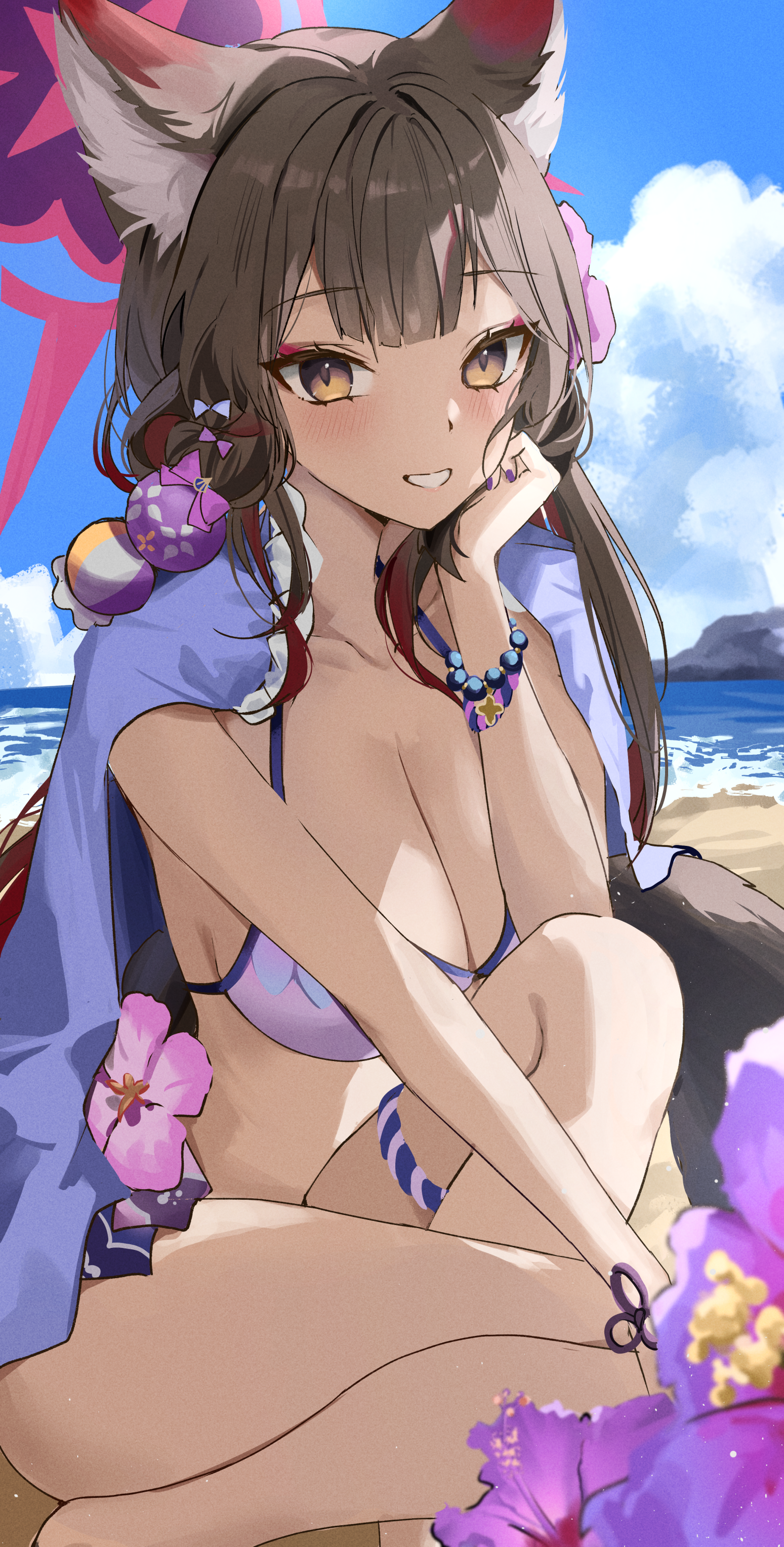 udonpan, wakamo (blue archive), wakamo (swimsuit) (blue archive), blue archive, absurdres, highres, 1girl, animal ear fluff, animal ears, beach, bead bracelet, beads, bikini, bracelet, eyeshadow, flower, fox ears, fox girl, fox tail, hair flower, hair ornament, halo, jewelry, kneeling, looking at viewer, makeup, official alternate costume, red eyeshadow, red halo, smile, solo, string bikini, swimsuit, tail, white bikini, yellow eyes
