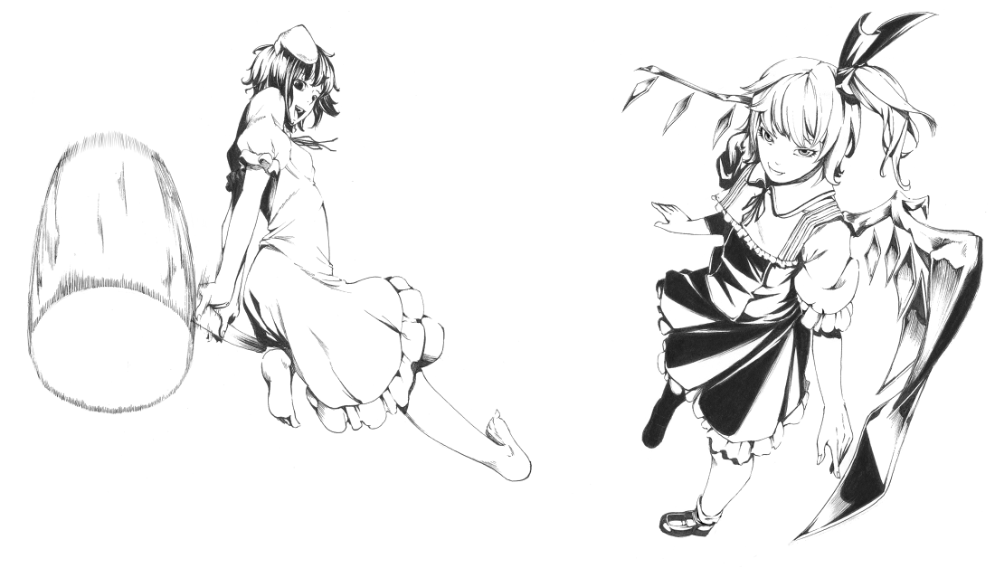 sousou (sousouworks), flandre scarlet, inaba tewi, touhou, 2girls, animal ears, ascot, barefoot, dress, female focus, foreshortening, greyscale, mallet, monochrome, multiple girls, one side up, rabbit ears, realistic, ribbon, short hair, side ponytail, wings