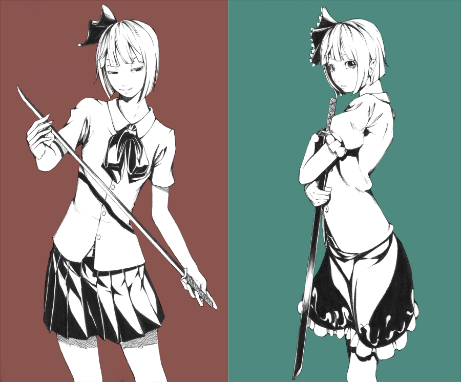 sousou (sousouworks), konpaku youmu, touhou, 1girl, aqua background, brown background, dress, dual persona, female focus, hair ribbon, hairband, katana, monochrome, pleated skirt, realistic, ribbon, short hair, skirt, smile, sword, weapon