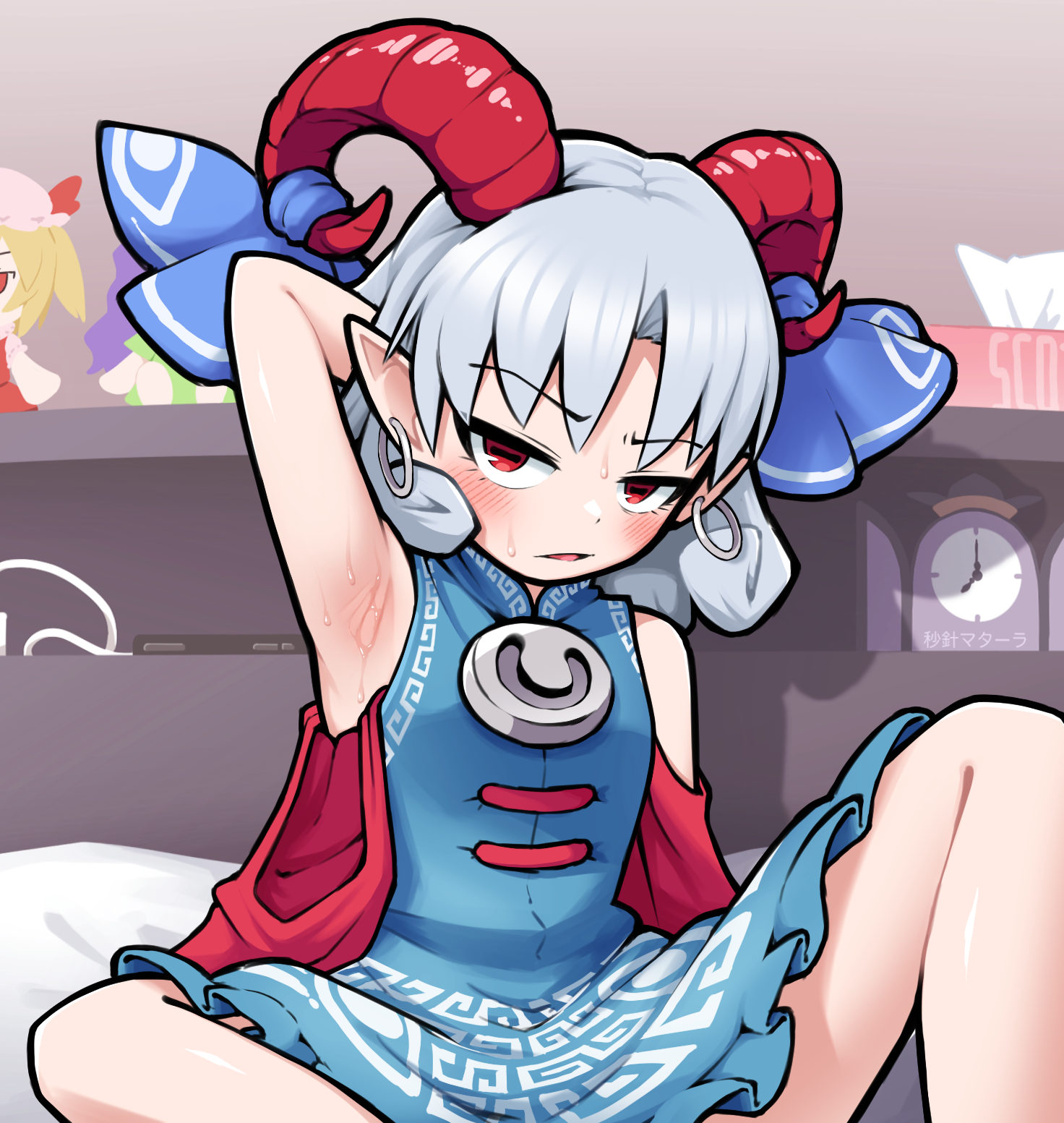 solidus (sword cube), toutetsu yuuma, touhou, clip studio paint (medium), commentary request, highres, making-of available, textless version, variant set, 1girl, alarm clock, arm behind head, arm out of sleeve, arm up, armpits, bare shoulders, blue dress, blush, clock, curled horns, detached sleeves, dress, earrings, frown, grey hair, hoop earrings, horn ornament, horn ribbon, horns, indoors, jewelry, knee up, looking at viewer, parted bangs, pointy ears, presenting armpit, red eyes, red horns, red sleeves, ribbon, sheep horns, short hair, sitting, sleeveless, sleeveless dress, smell, solo, sweat, v-shaped eyebrows