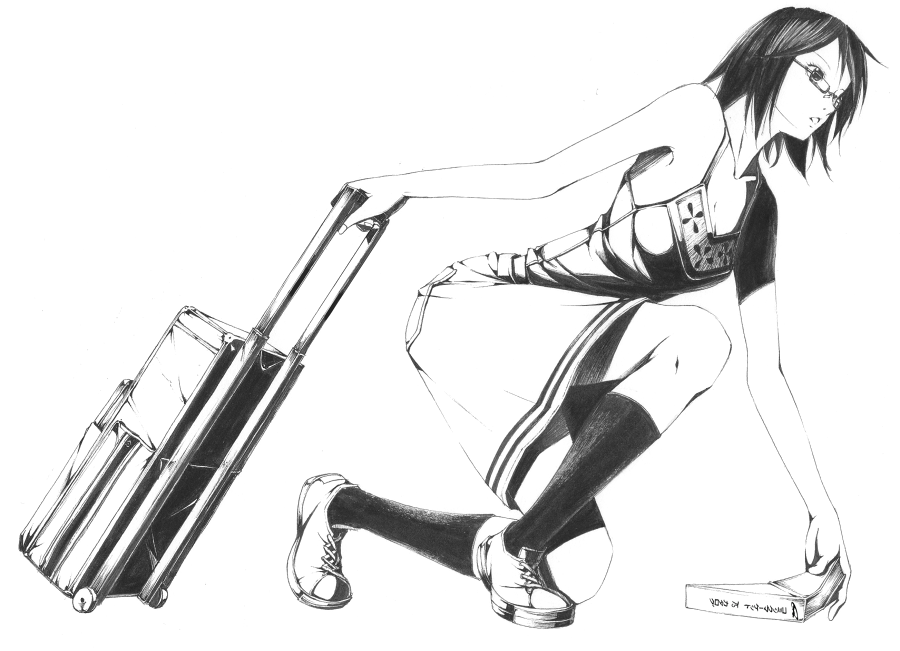 sousou (sousouworks), fujiyoshi harumi, sayonara zetsubou sensei, 00s, 1girl, casual, female focus, full body, glasses, greyscale, monochrome, on one knee, rolling suitcase, solo, suitcase