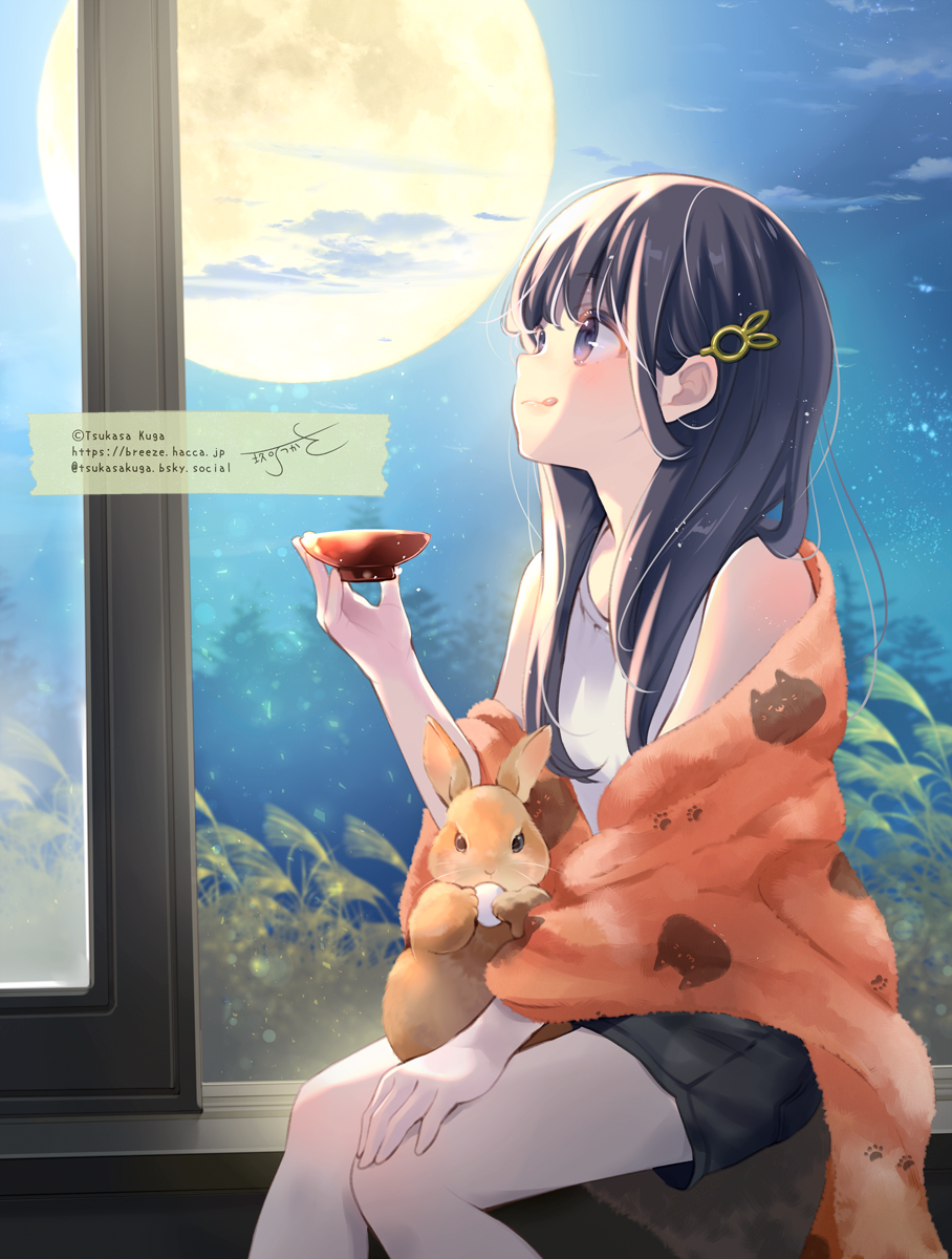 kuga tsukasa, original, commentary request, highres, 1girl, animal, bare shoulders, black hair, black shorts, blue sky, cloud, cup, feet out of frame, full moon, hair ornament, hand up, holding, licking lips, long hair, moon, night, night sky, purple eyes, rabbit, rabbit hair ornament, sakazuki, short shorts, shorts, signature, sky, solo, tank top, tongue, tongue out, twitter username, watermark, web address, white tank top
