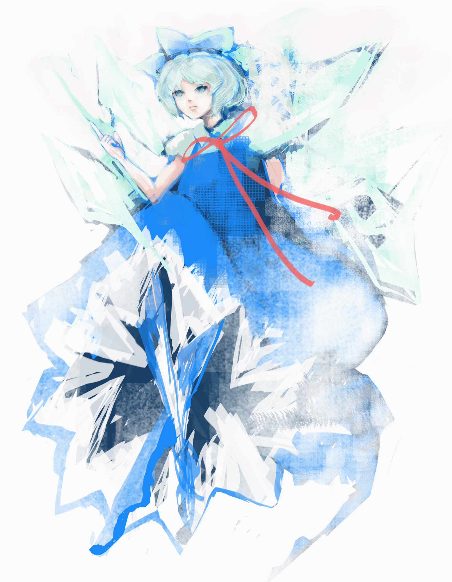 uhi, cirno, embodiment of scarlet devil, touhou, highres, 1girl, blue hair, bow, female focus, full body, hair bow, pointing, solo, white background, wings