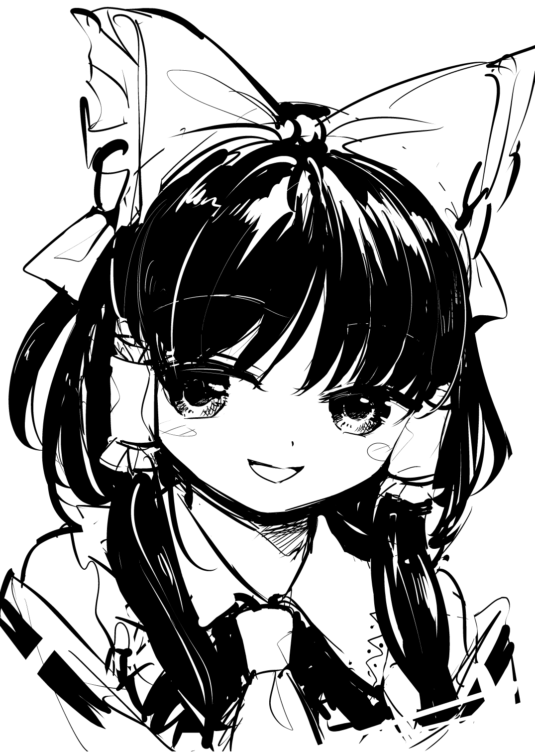 suna (s73d), hakurei reimu, touhou, highres, 1girl, black hair, collared shirt, greyscale, hair ribbon, long hair, monochrome, necktie, open mouth, ribbon, shirt, simple background, smile, solo, white background