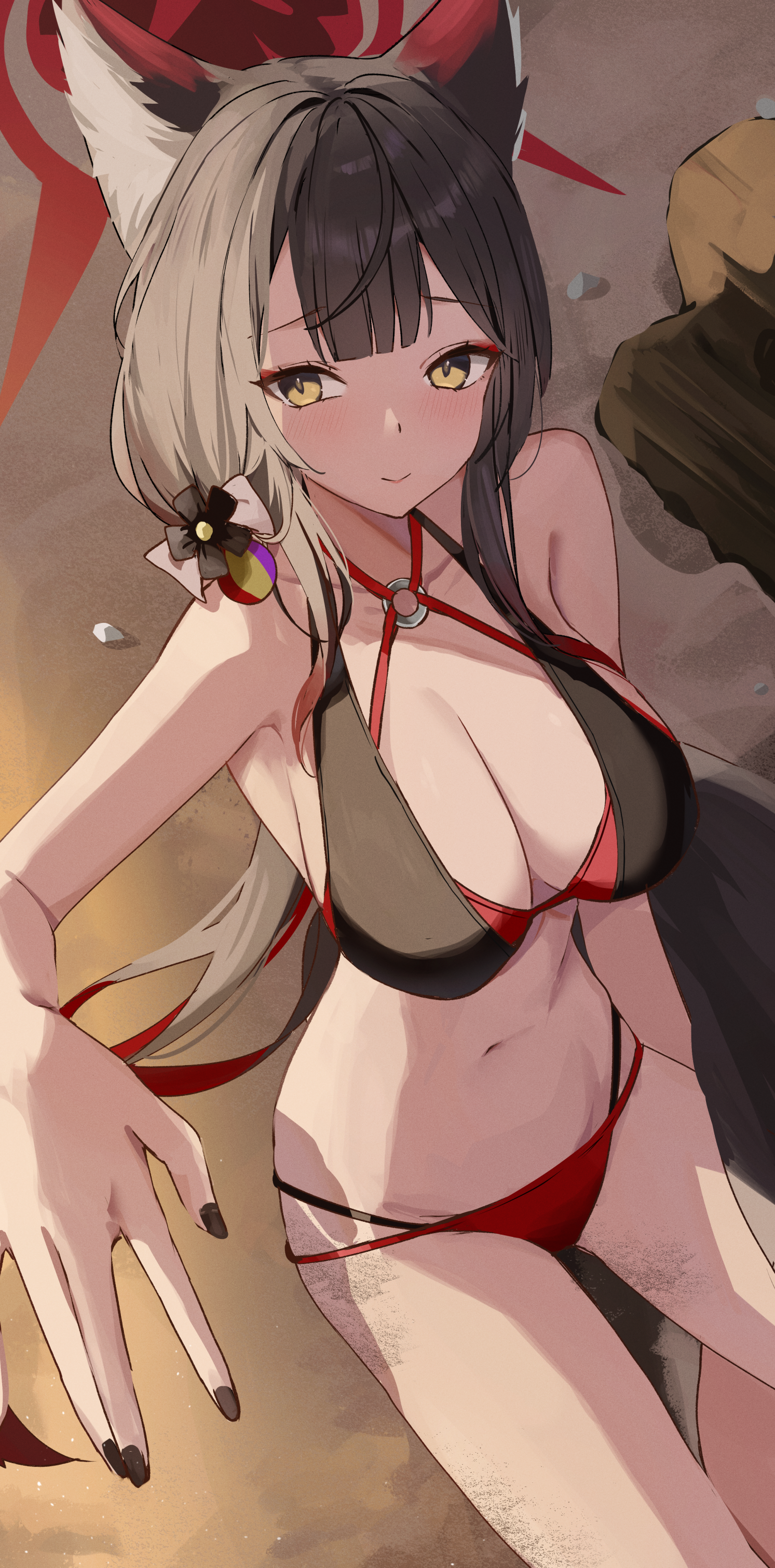 udonpan, wakamo (blue archive), blue archive, absurdres, highres, alternate costume, animal ear fluff, animal ears, bikini, breasts, cleavage, eyeshadow, fox ears, fox girl, fox tail, halo, large breasts, long hair, looking at viewer, makeup, multi-strapped bikini bottom, nail polish, o-ring, o-ring bikini, red eyeshadow, red halo, sitting, smile, swimsuit, tail, yellow eyes