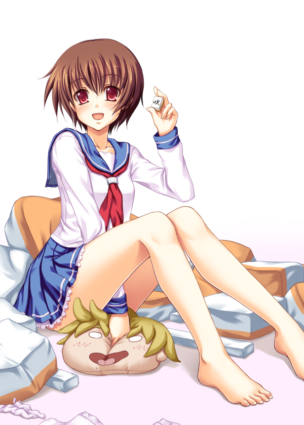 tomifumi, miyanaga saki, saki (manga), 00s, 1girl, :d, barefoot, board game, brown hair, feet, female focus, holding, holding mahjong tile, mahjong, mahjong tile, neckerchief, open mouth, pillow, red eyes, red neckerchief, school uniform, serafuku, short hair, sitting, skirt, smile, solo
